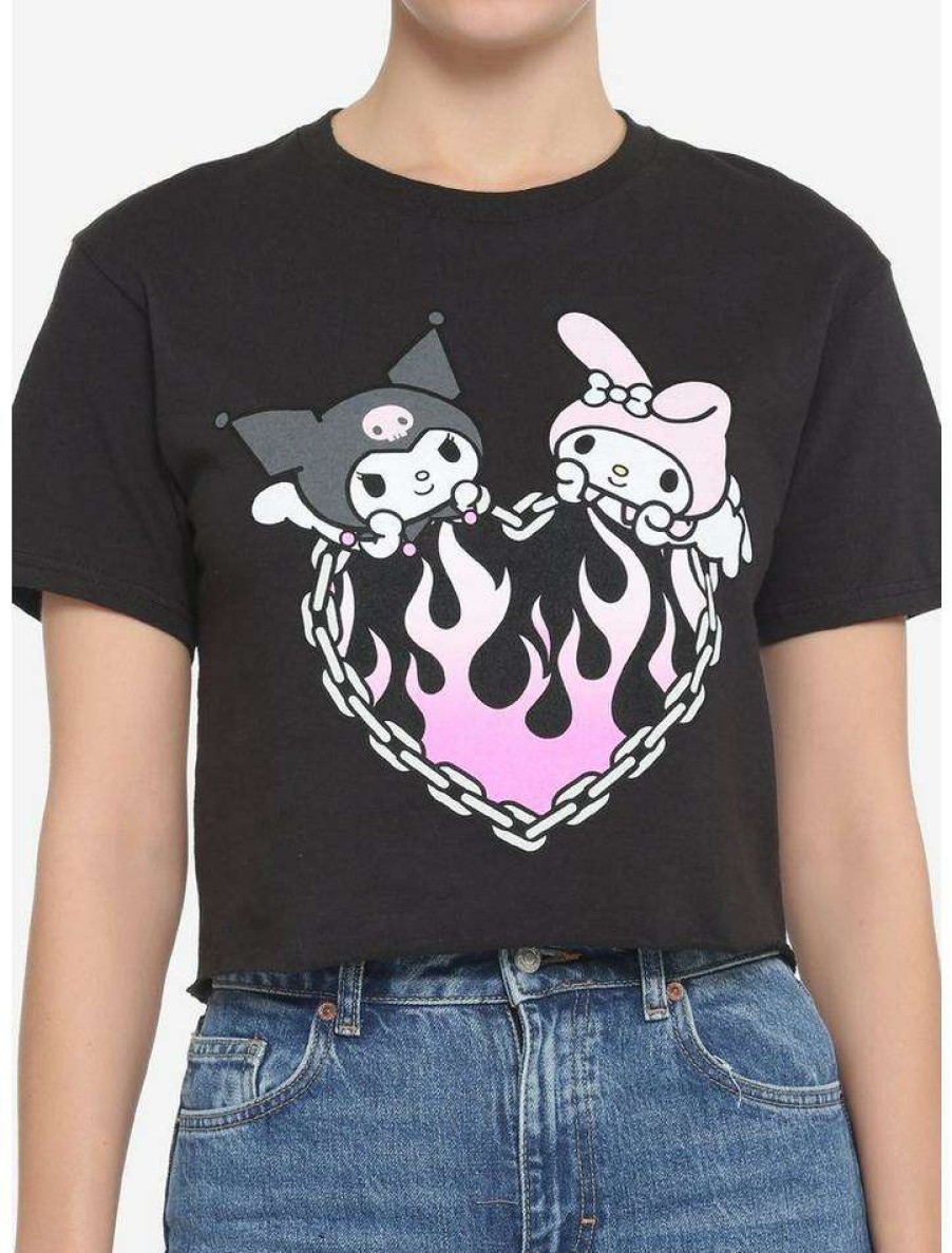 Tees * | Best Pirce My Melody & Kuromi Flame Heart Girls Crop T-Shirt Multi