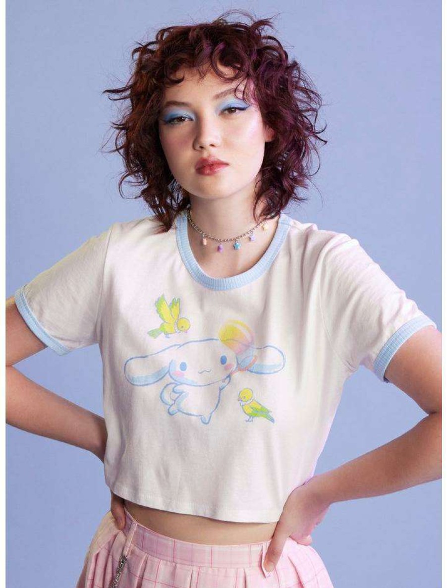 Tees * | Hot Sale Cinnamoroll Birds Girls Crop Ringer T-Shirt Blue