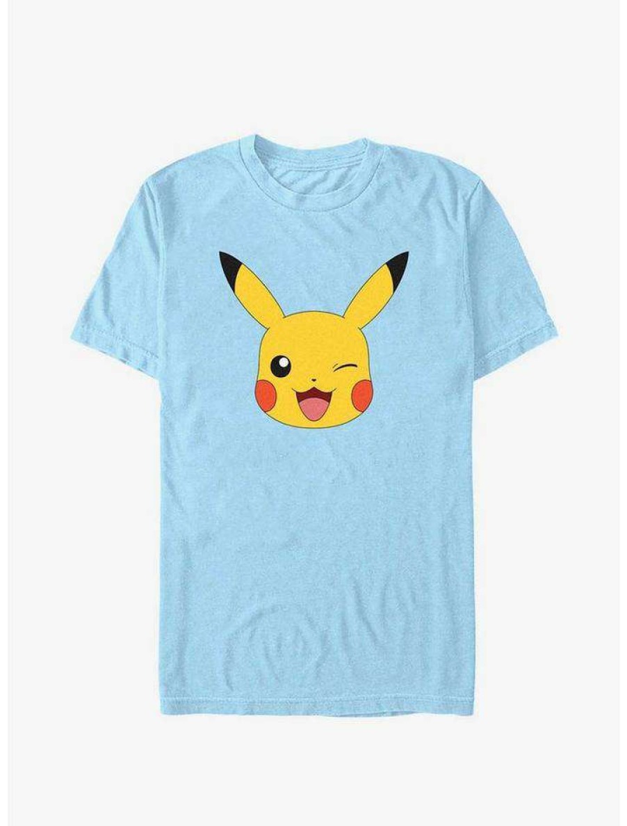 Guys * | Budget Pokemon Pikachu Big Face T-Shirt Lt Blue